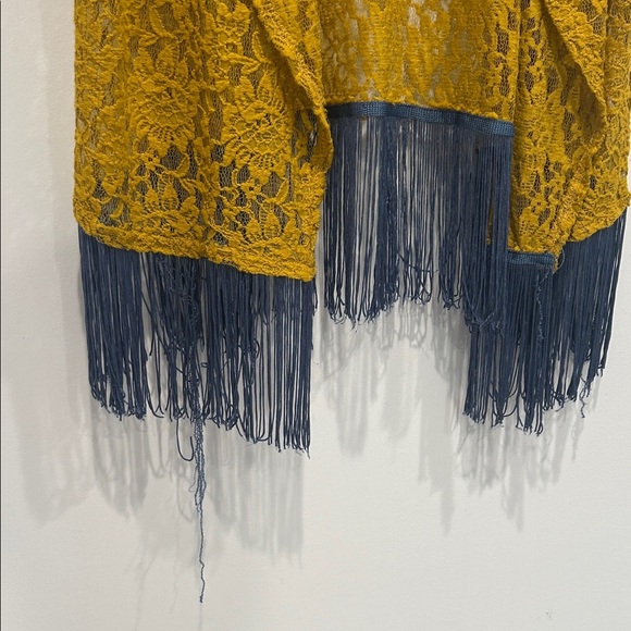 LuLaRoe Mustard Gold Lace Short Sleeve Cardigan French blue Fringe large duster - Picture 5 of 7